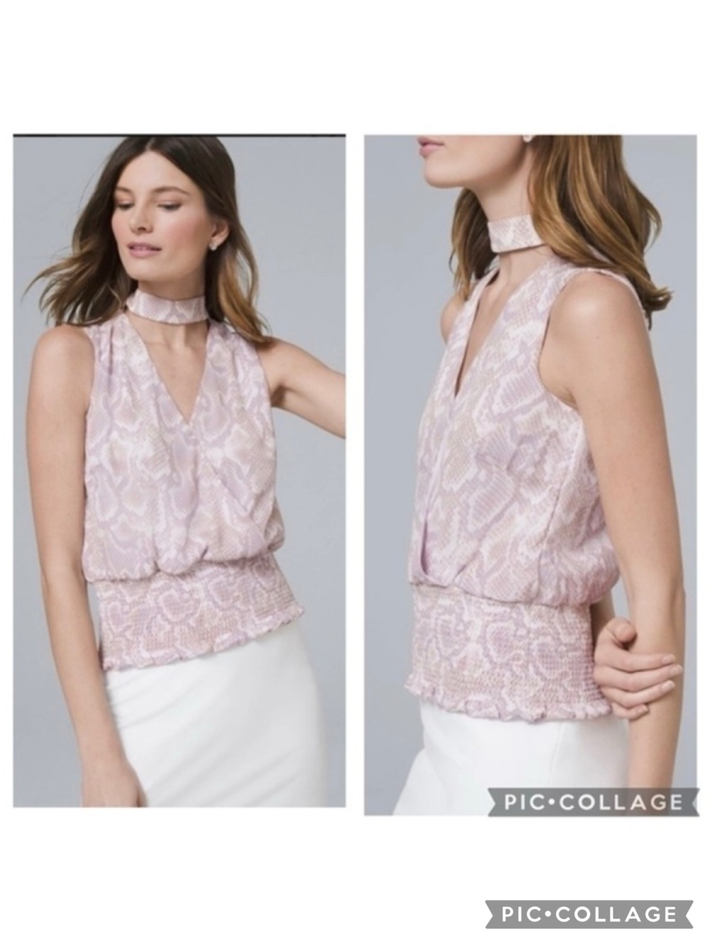 WHBM Top Lavender Purple Snake Print Choker Neck Smocked 6 Quiet Luxury